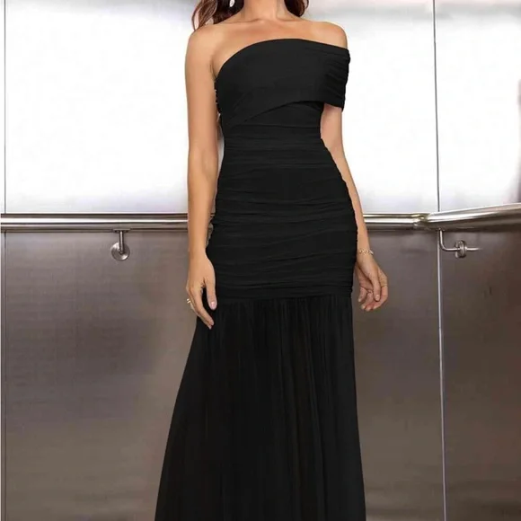 Amazon Elegant Long Dress One Shoulder Sleeveless Ruched Bodycon Evening Dress - Picture 3 of 8